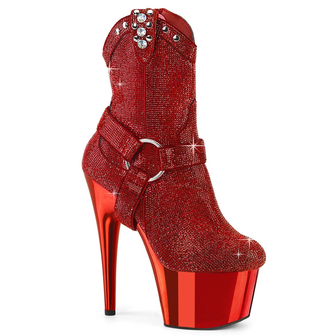 Product image of Pleaser ADORE-1029CHRS Red RS/Red Chrome 7 Inch Heel 2 3/4 Inch PF RS Embellished Ankle Boot Side Zip