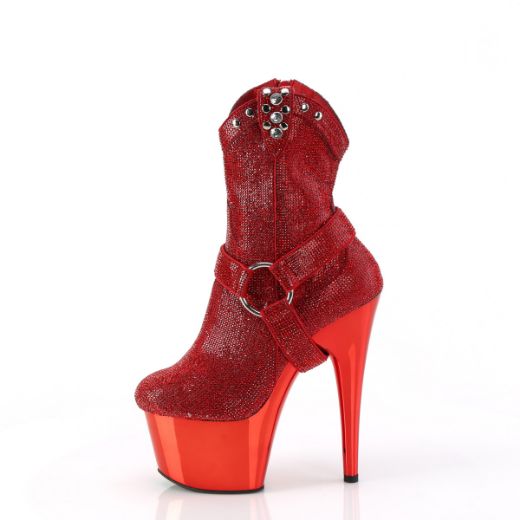 Product image of Pleaser ADORE-1029CHRS Red RS/Red Chrome 7 Inch Heel 2 3/4 Inch PF RS Embellished Ankle Boot Side Zip