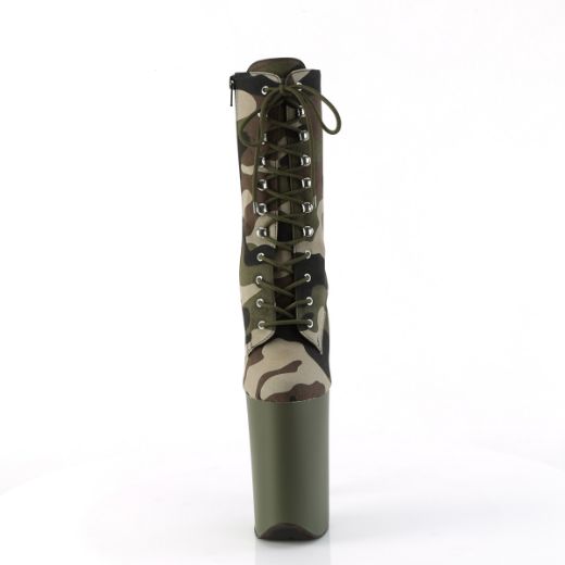 Product image of Pleaser INFINITY-1020CAMO Green Camo Fabric/Dark Olive Matte 9 Inch Heel 5 1/4 Inch PF Lace-Up Front Ankle Boot Side Zip
