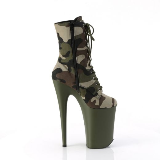 Product image of Pleaser INFINITY-1020CAMO Green Camo Fabric/Dark Olive Matte 9 Inch Heel 5 1/4 Inch PF Lace-Up Front Ankle Boot Side Zip