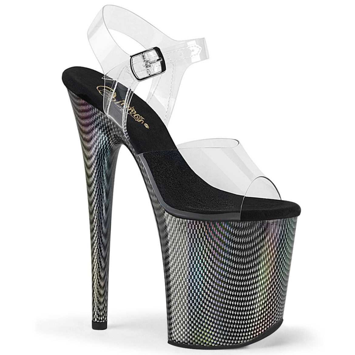 Product image of Pleaser FLAMINGO-808HCP Clr/Blk Holo 8 Inch Heel 4 Inch PF Ankle Strap Sandal