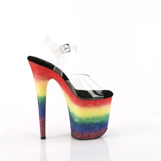 Product image of Pleaser FLAMINGO-808RG-04 Clr/Rainbow Glitter 8 Inch Heel 4 Inch PF Ankle Strap Sandal w/Gliiter Bottom