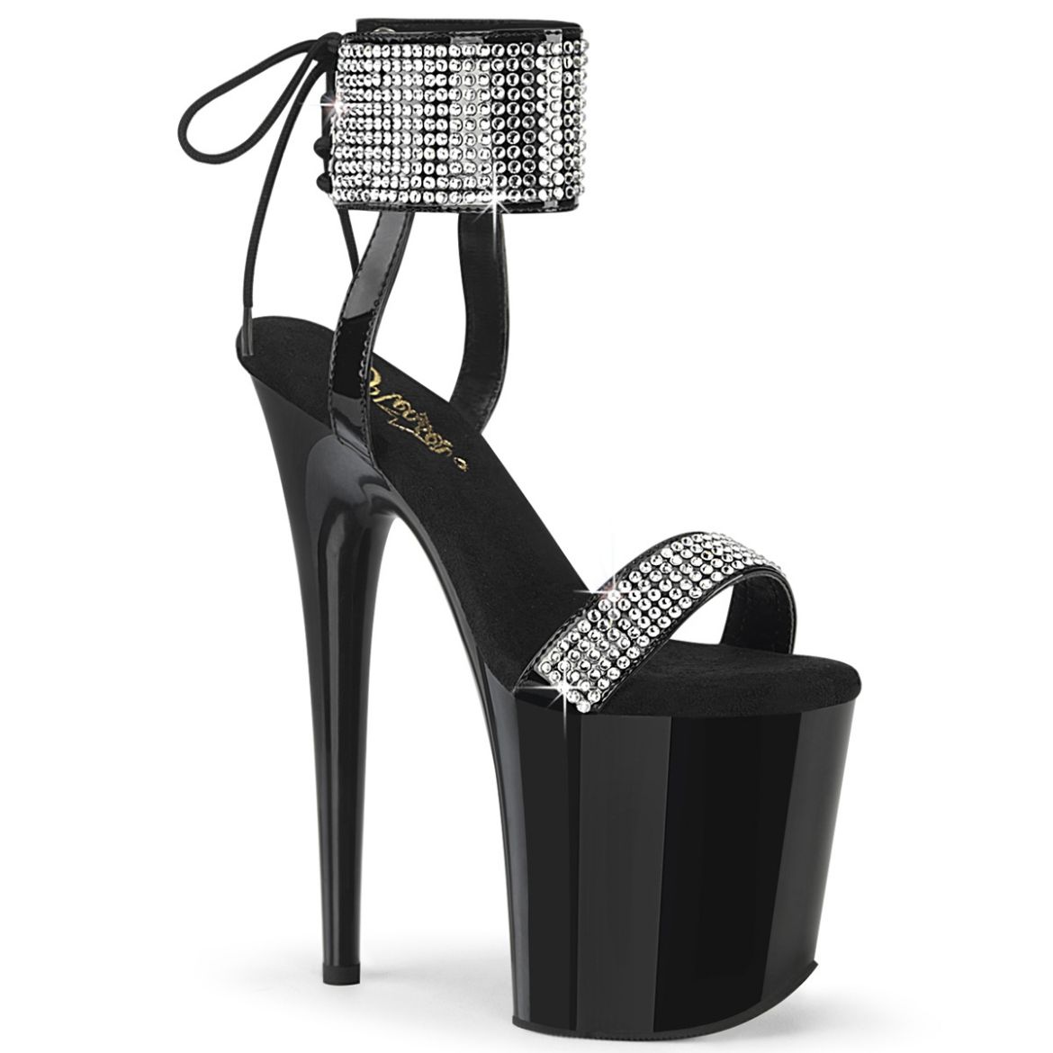 Product image of Pleaser FLAMINGO-870 Blk Pat-RS/Blk 8 Inch Heel 4 Inch PF Back Tie Ankle Cuff Sandal w/RS
