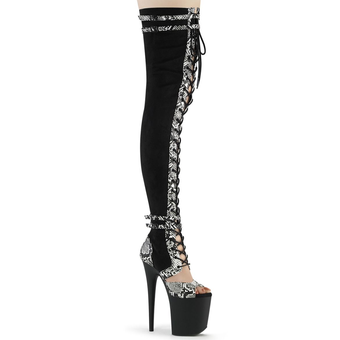 Product image of Pleaser FLAMINGO-3027SP Blk Faux Suede-Snake Print Faux Le./Blk Matte 8 Inch Heel 4 Inch PF Lace-Up Front Thigh Side Zip