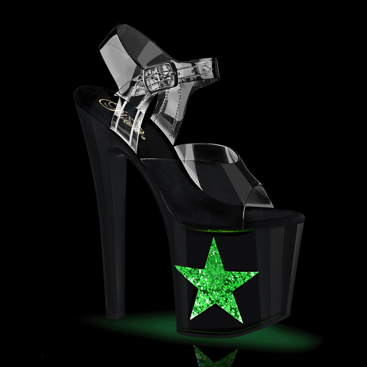 Product image of Pleaser ENCHANT-708LT-STAR Clr/Blk-Slv Glitter 7 1/2 Inch Heel 3 1/2 Inch PF LED Illuminated Ankle Strap Sandal