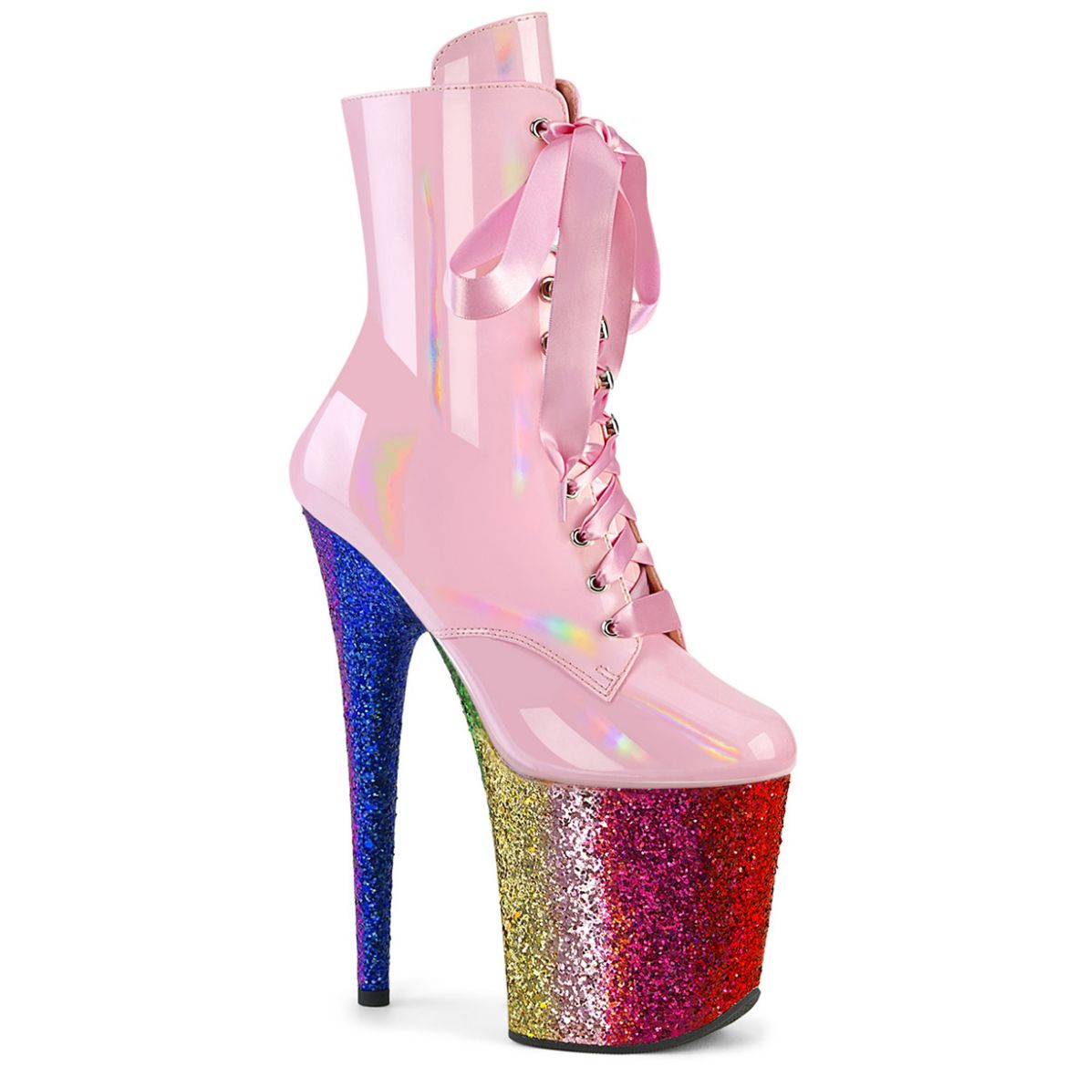 Product image of Pleaser FLAMINGO-1020HG B. Pink Holo Pat/Rainbow Glitter 8 Inch Heel 4 Inch PF Lace-Up Front Ankle Boot Side Zip