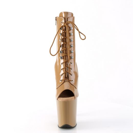 Product image of Pleaser FLAMINGO-1021 Toffee Pat/Toffee 8 Inch Heel 4 Inch PF Peep Toe Lace-up Ankle Boot Side Zip