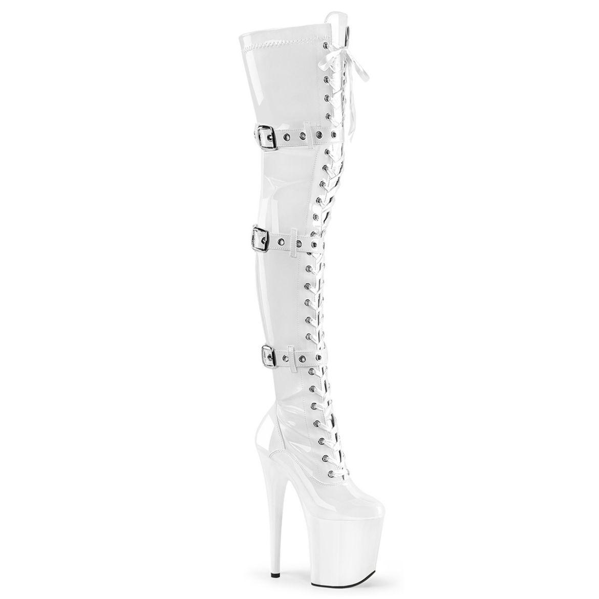 Product image of Pleaser FLAMINGO-3028 Wht Str. Pat/Wht 8 Inch Heel 4 Inch PF Lace-Up Front Thigh High Boot Side Zip