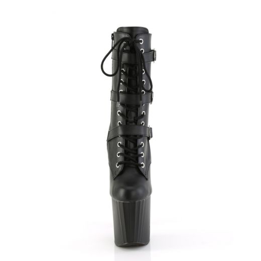 Product image of Pleaser ENCHANT-1043 Blk Faux Le/Blk Matte 7 1/2 Inch Heel 3 1/2 Inch PF Buckled Strap Ankle Boot Side Zip