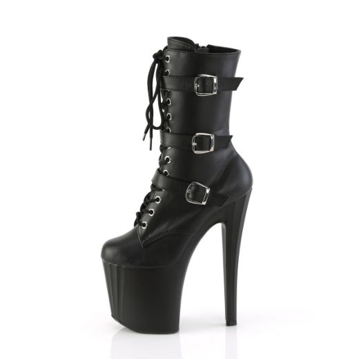 Product image of Pleaser ENCHANT-1043 Blk Faux Le/Blk Matte 7 1/2 Inch Heel 3 1/2 Inch PF Buckled Strap Ankle Boot Side Zip