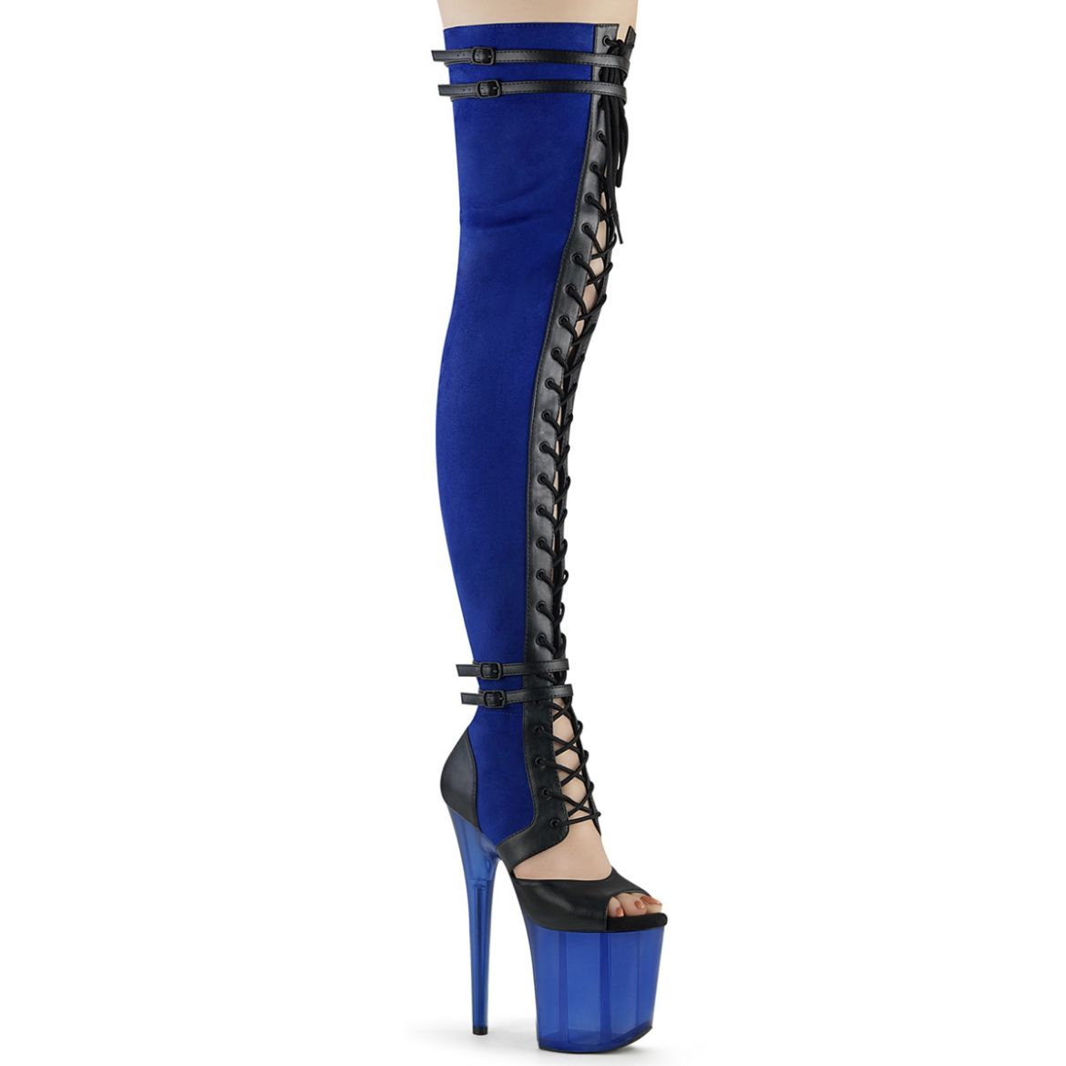 Product image of Pleaser FLAMINGO-3027 Blue Faux Suede-Blk Faux Leather/Frosted Blue 8 Inch Heel 4 Inch PF Lace-Up Front Thigh Side Zip