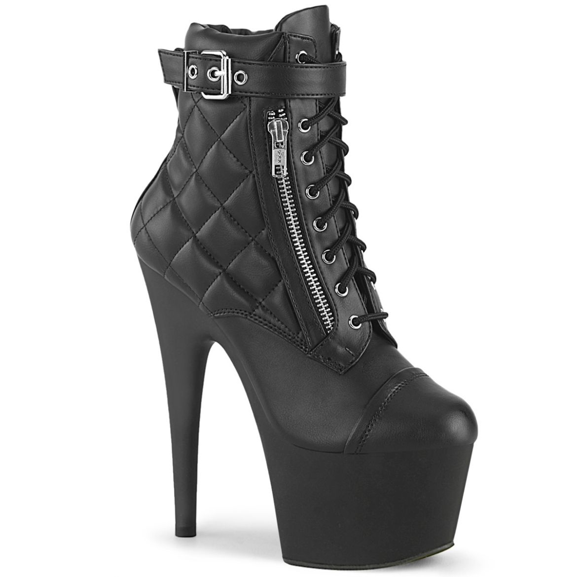 Product image of Pleaser ADORE-700-05 Blk Faux Leather/Blk Matte 7 Inch Heel 2 3/4 Inch PF Lace-Up Front Ankle Bootie Side Zip