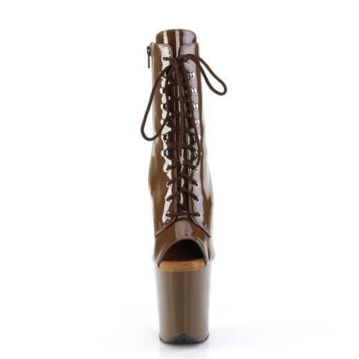 Product image of Pleaser FLAMINGO-1021 Mocha Pat/Mocha 8 Inch Heel 4 Inch PF Peep Toe Lace-up Ankle Boot Side Zip