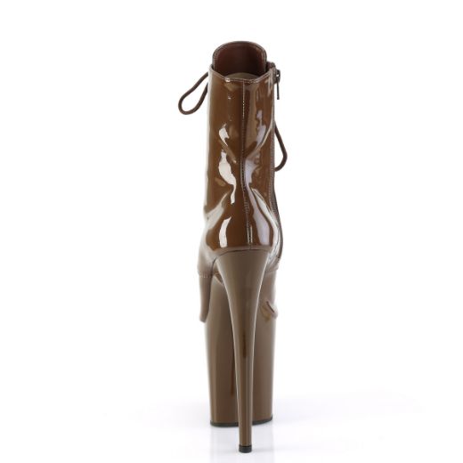 Product image of Pleaser FLAMINGO-1021 Mocha Pat/Mocha 8 Inch Heel 4 Inch PF Peep Toe Lace-up Ankle Boot Side Zip