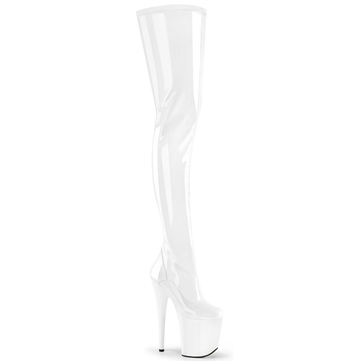 Product image of Pleaser FLAMINGO-4000 Wht Str. Pat/Wht 8 Inch Heel 4 Inch PF Stretch Crotch Boot Side Zip