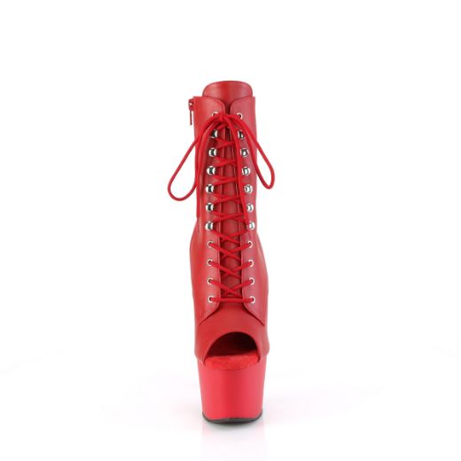Product image of Pleaser ADORE-1021 Red Faux Le/Red Matte 7 Inch Heel 2 3/4 Inch PF Peep Toe Lace-Up Ankle Boot Side Zip