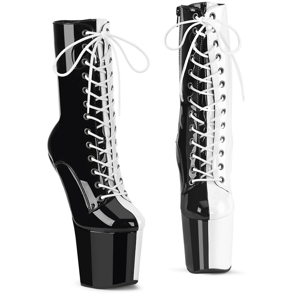 Product image of Pleaser CRAZE-1040TT Blk-Wht Pat/Blk-Wht 8 Inch Heelless 3 Inch PF Two Tone Lace-Up Ankle Boot Side Zip