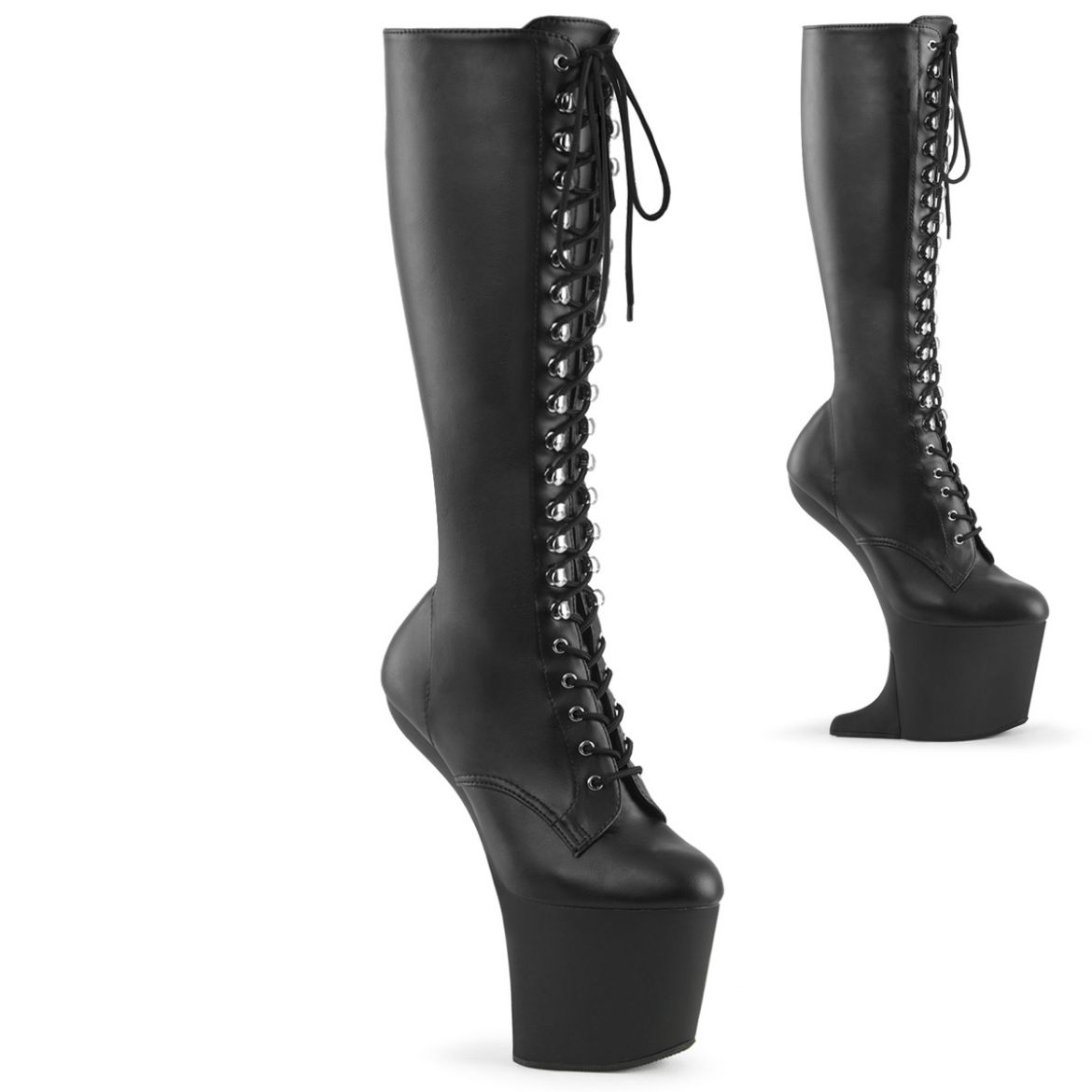Product image of Pleaser CRAZE-2023 Blk Str. Faux Leather/Blk Matte 8 Inch Heelless 3 Inch PF Lace-Up Stretch Knee Boot Side Zip