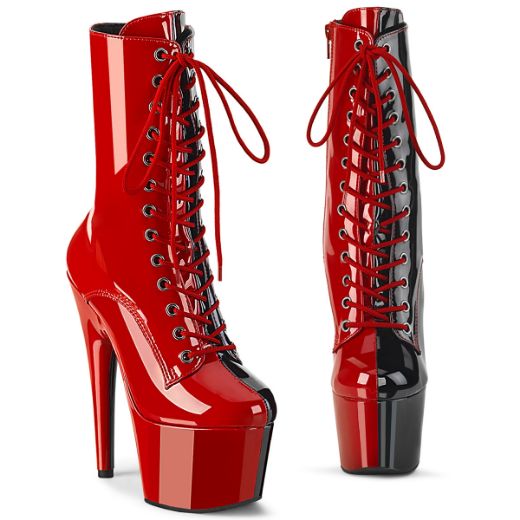 Product image of Pleaser ADORE-1040TT Red-Blk Pat/Red-Blk 7 Inch Heel 2 3/4 Inch PF Two Tone Lace-Up Ankle Boot Side Zip