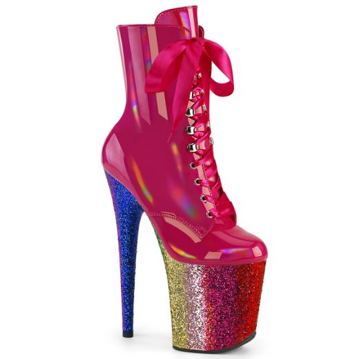 Product image of Pleaser FLAMINGO-1020HG H. Pink Holo Pat/Rainbow Glitter 8 Inch Heel 4 Inch PF Lace-Up Front Ankle Boot Side Zip