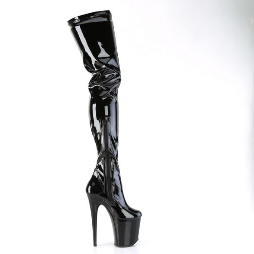 Product image of Pleaser FLAMINGO-4000 Blk Str. Pat/Blk 8 Inch Heel 4 Inch PF Stretch Crotch Boot Side Zip