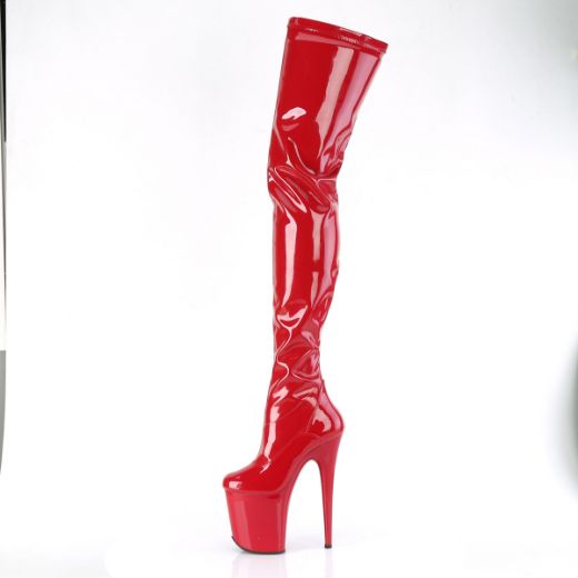 Product image of Pleaser FLAMINGO-4000 Red Str. Pat/Red 8 Inch Heel 4 Inch PF Stretch Crotch Boot Side Zip