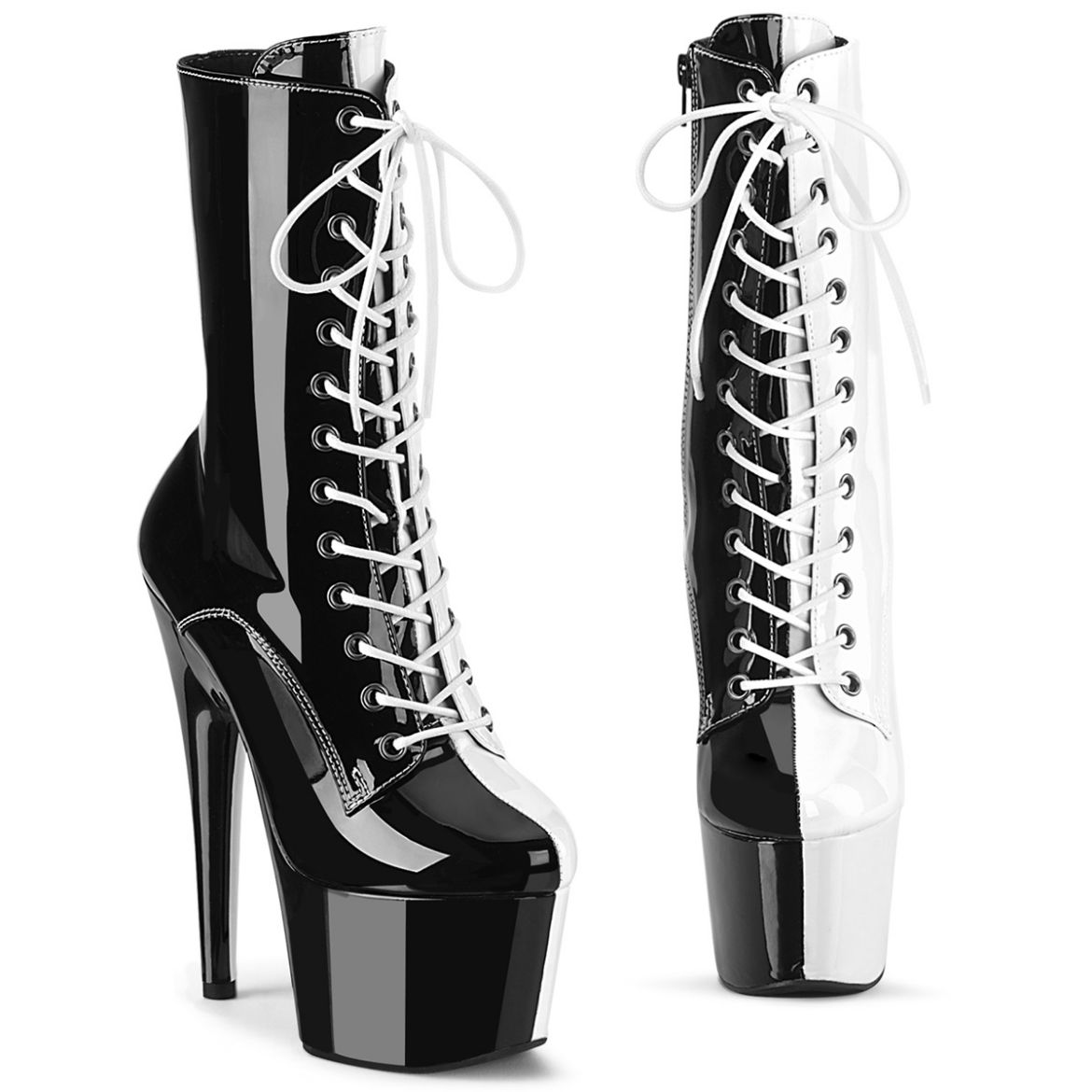 Product image of Pleaser ADORE-1040TT Blk-Wht Pat/Blk-Wht 7 Inch Heel 2 3/4 Inch PF Two Tone Lace-Up Ankle Boot Side Zip