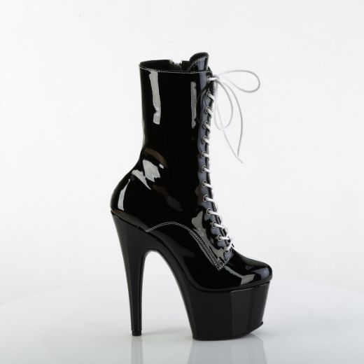 Product image of Pleaser ADORE-1040TT Blk-Wht Pat/Blk-Wht 7 Inch Heel 2 3/4 Inch PF Two Tone Lace-Up Ankle Boot Side Zip