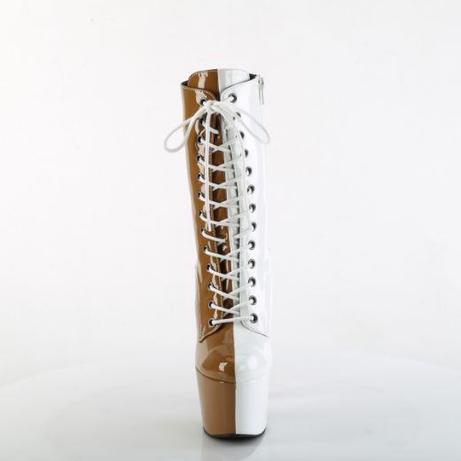 Product image of Pleaser ADORE-1040TT Taupe-Wht Pat/Taupe-Wht 7 Inch Heel 2 3/4 Inch PF Two Tone Lace-Up Ankle Boot Side Zip
