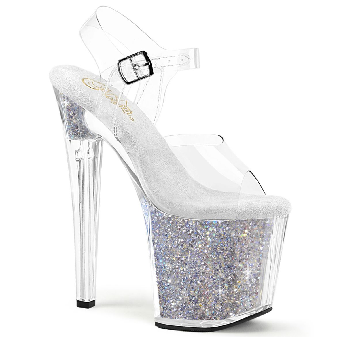 Product image of Pleaser ENCHANT-708RSI Clr/Clr-Slv AB RS 7 1/2 Inch Heel 3 1/2 Inch PF Ankle Strap Sandal w/RS Inserts