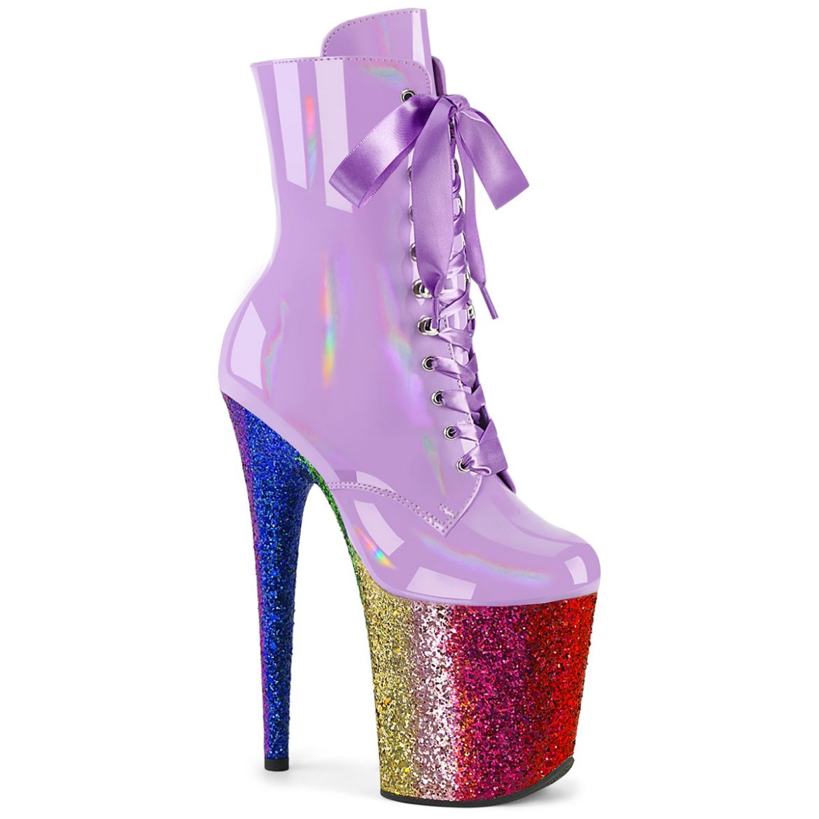 Product image of Pleaser FLAMINGO-1020HG Lavender Holo Pat/Rainbow Glitter 8 Inch Heel 4 Inch PF Lace-Up Front Ankle Boot Side Zip