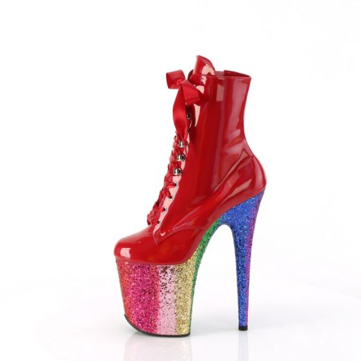 Product image of Pleaser FLAMINGO-1020HG Red Holo Pat/Rainbow Glitter 8 Inch Heel 4 Inch PF Lace-Up Front Ankle Boot Side Zip