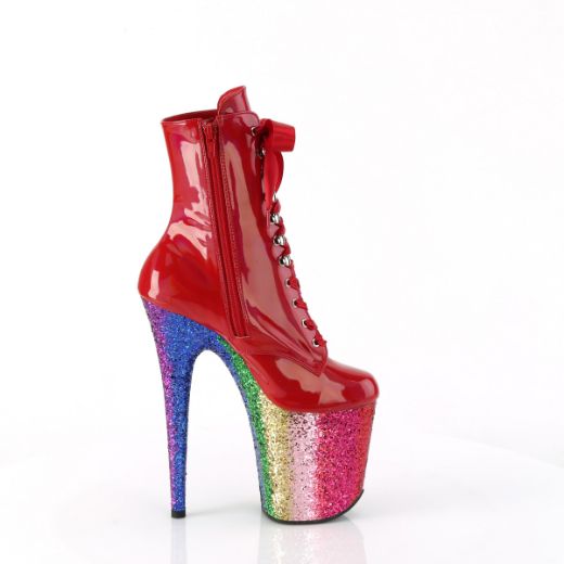 Product image of Pleaser FLAMINGO-1020HG Red Holo Pat/Rainbow Glitter 8 Inch Heel 4 Inch PF Lace-Up Front Ankle Boot Side Zip