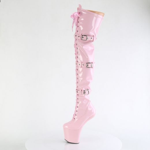 Product image of Pleaser CRAZE-3028 B. Pink Str. Pat/B. Pink 8 Inch Heelless 3 Inch PF Lace-Up Front Thigh Boot Side Zip