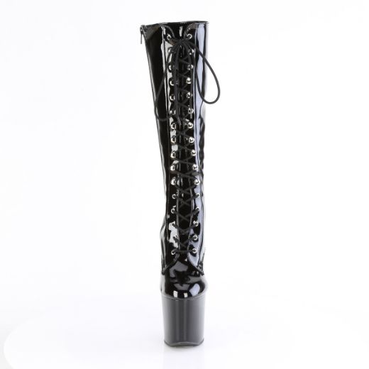Product image of Pleaser CRAZE-2023 Blk Str. Pat/Blk 8 Inch Heelless 3 Inch PF Lace-Up Stretch Knee Boot Side Zip