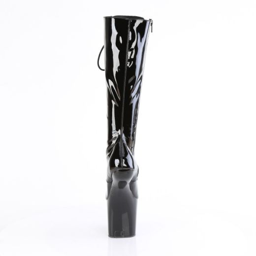 Product image of Pleaser CRAZE-2023 Blk Str. Pat/Blk 8 Inch Heelless 3 Inch PF Lace-Up Stretch Knee Boot Side Zip