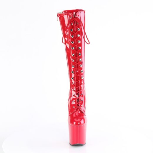 Product image of Pleaser CRAZE-2023 Red Str. Pat/Red 8 Inch Heelless 3 Inch PF Lace-Up Stretch Knee Boot Side Zip