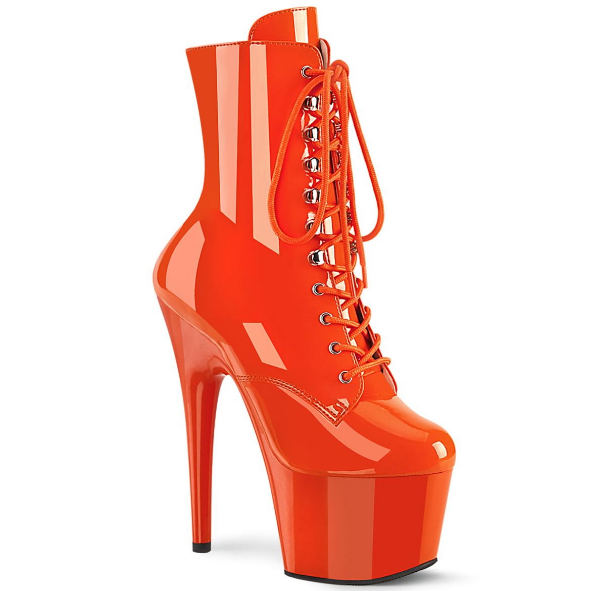 Product image of Pleaser ADORE-1020 Orange Pat/Orange 7 Inch Heel 2 3/4 Inch PF Lace-Front Ankle Boot Side Zip