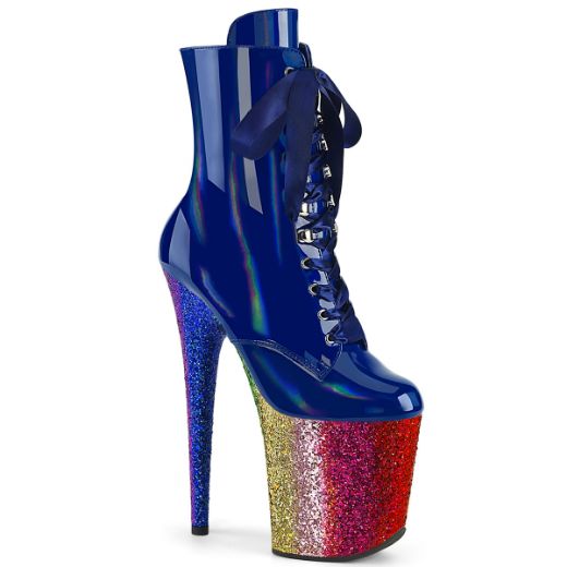 Product image of Pleaser FLAMINGO-1020HG Royal Blue Holo Pat/Rainbow Glitter 8 Inch Heel 4 Inch PF Lace-Up Front Ankle Boot Side Zip