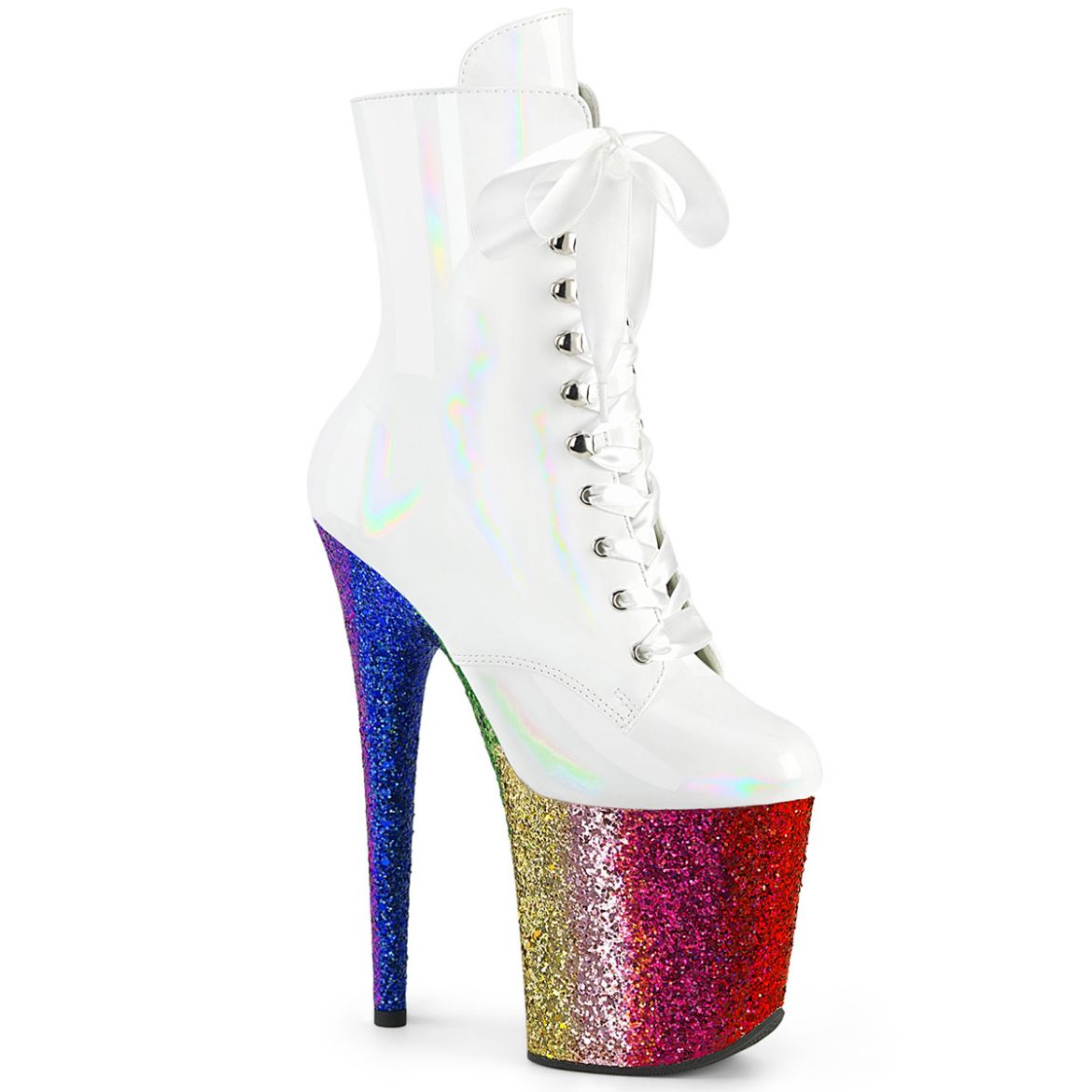 Product image of Pleaser FLAMINGO-1020HG Wht Holo Pat/Rainbow Glitter 8 Inch Heel 4 Inch PF Lace-Up Front Ankle Boot Side Zip