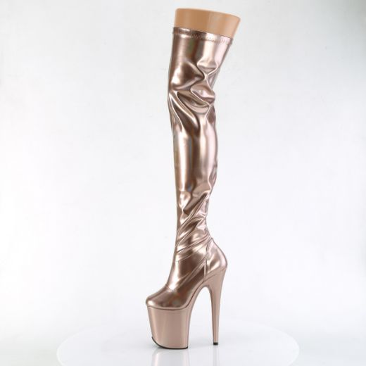 Product image of Pleaser FLAMINGO-3000HWR Rose Gold Str. Holo/Rose Gold Holo 8 Inch Heel 4 Inch PF Stretch Thigh Boot Side Zip