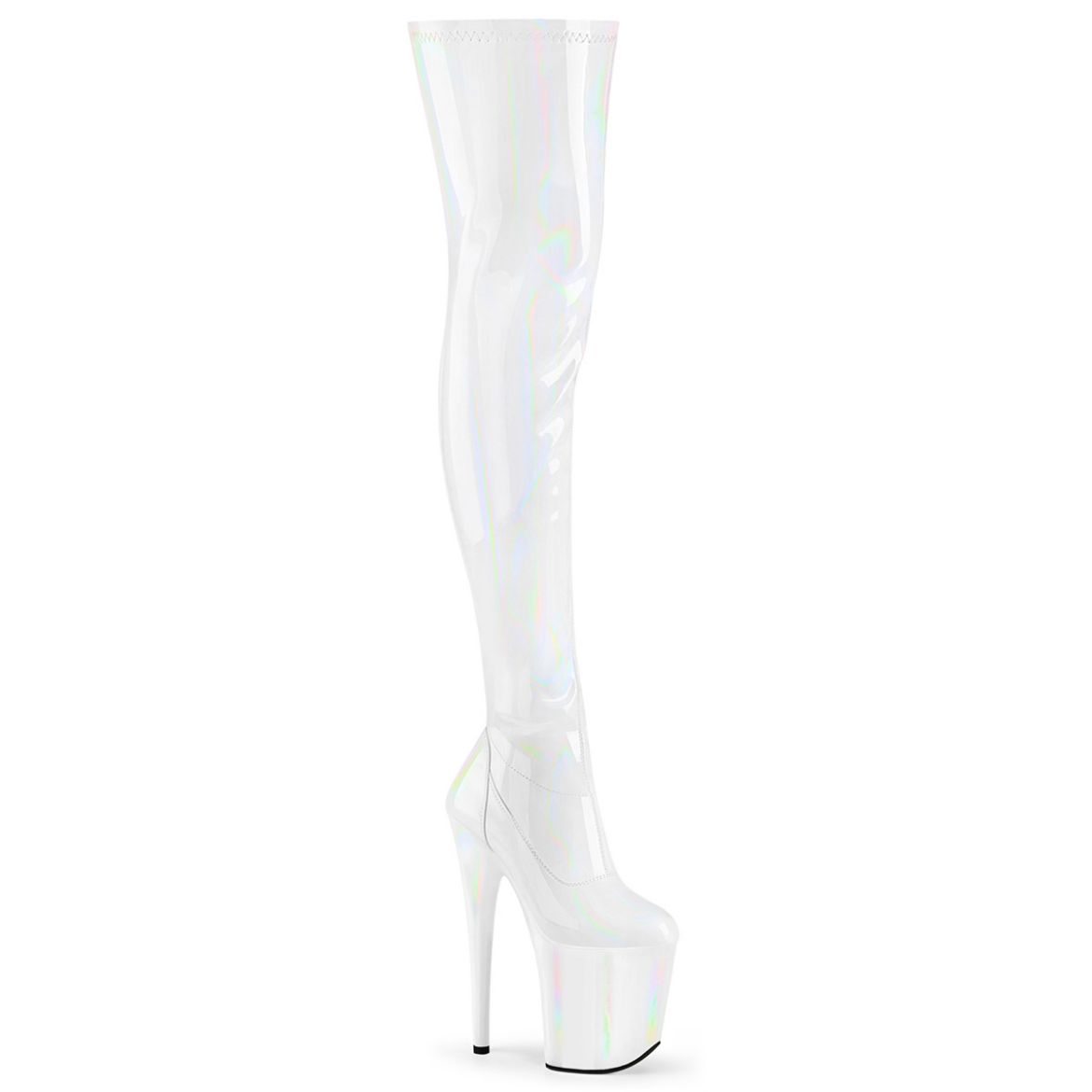 Product image of Pleaser FLAMINGO-3000HWR Wht Str. Holo/Wht Holo 8 Inch Heel 4 Inch PF Stretch Thigh Boot Side Zip