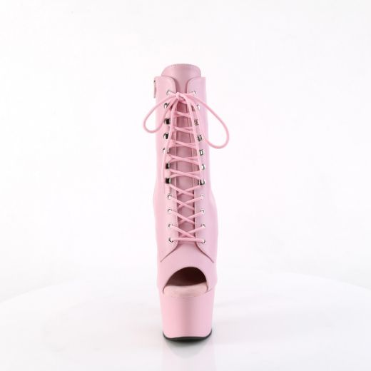 Product image of Pleaser ADORE-1021 B. Pink Faux Le/B. Pink Matte 7 Inch Heel 2 3/4 Inch PF Peep Toe Lace-Up Ankle Boot Side Zip