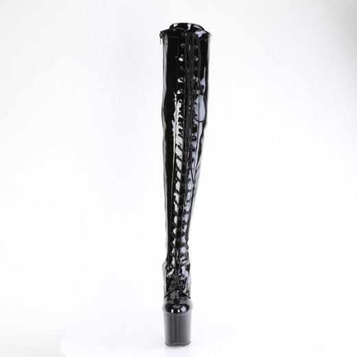 Product image of Pleaser CRAZE-3023 Blk Pat/Blk 8 Inch Heelless 3 Inch PF Lace-Up Stretch Thigh Boot Side Zip