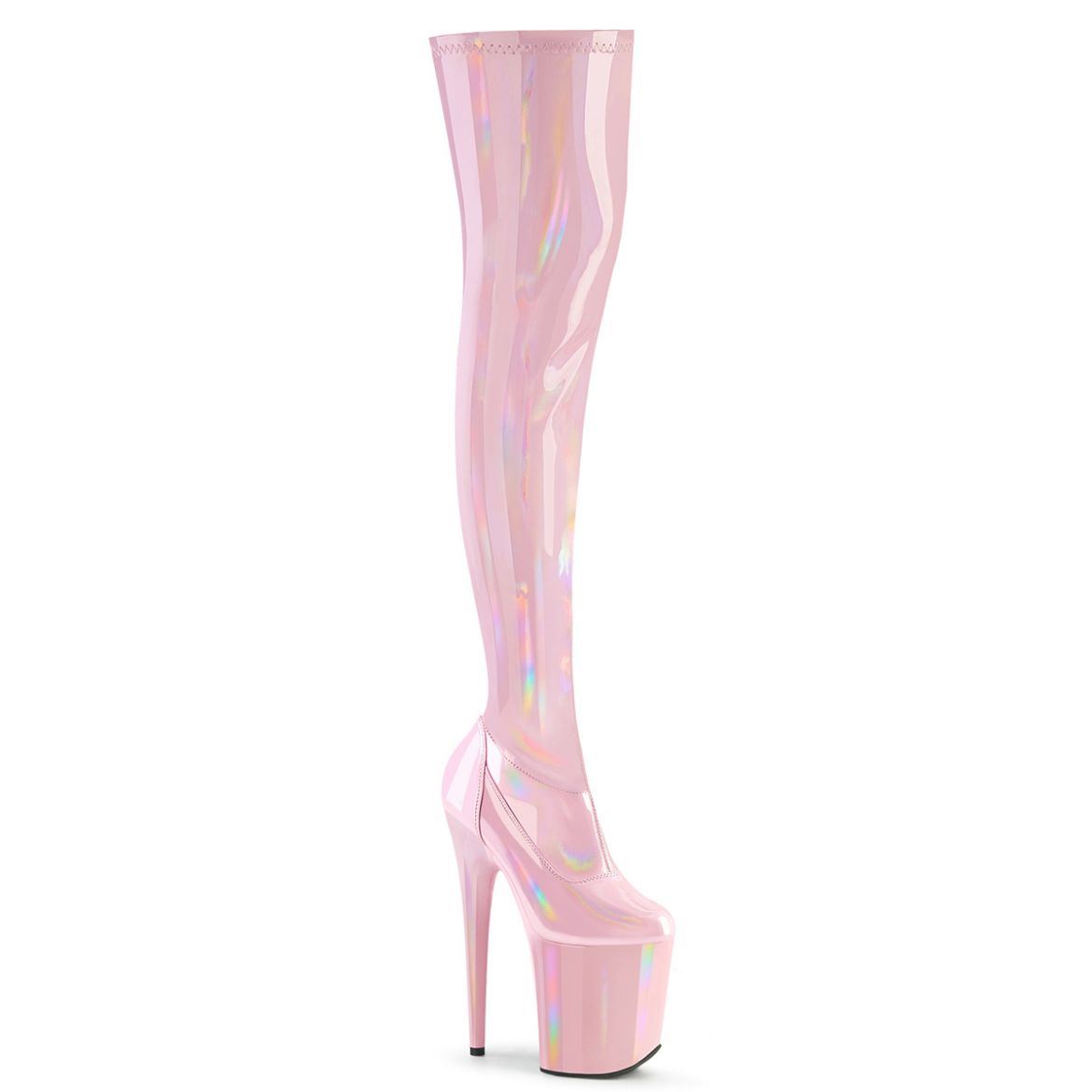 Product image of Pleaser FLAMINGO-3000HWR B. Pink Str. Holo/B. Pink Holo 8 Inch Heel 4 Inch PF Stretch Thigh Boot Side Zip