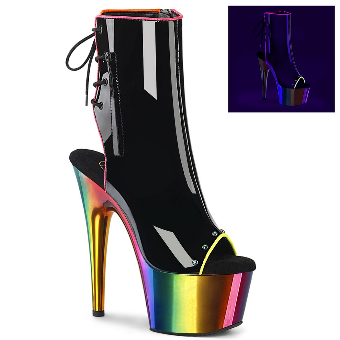 Product image of Pleaser ADORE-1018RC-02 Blk Pat/Rainbow Chrome 7 Inch Heel 2 3/4 Inch PF Open Toe/Back Ankle Boot Side Zip