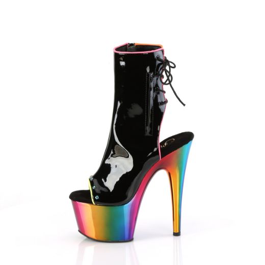 Product image of Pleaser ADORE-1018RC-02 Blk Pat/Rainbow Chrome 7 Inch Heel 2 3/4 Inch PF Open Toe/Back Ankle Boot Side Zip