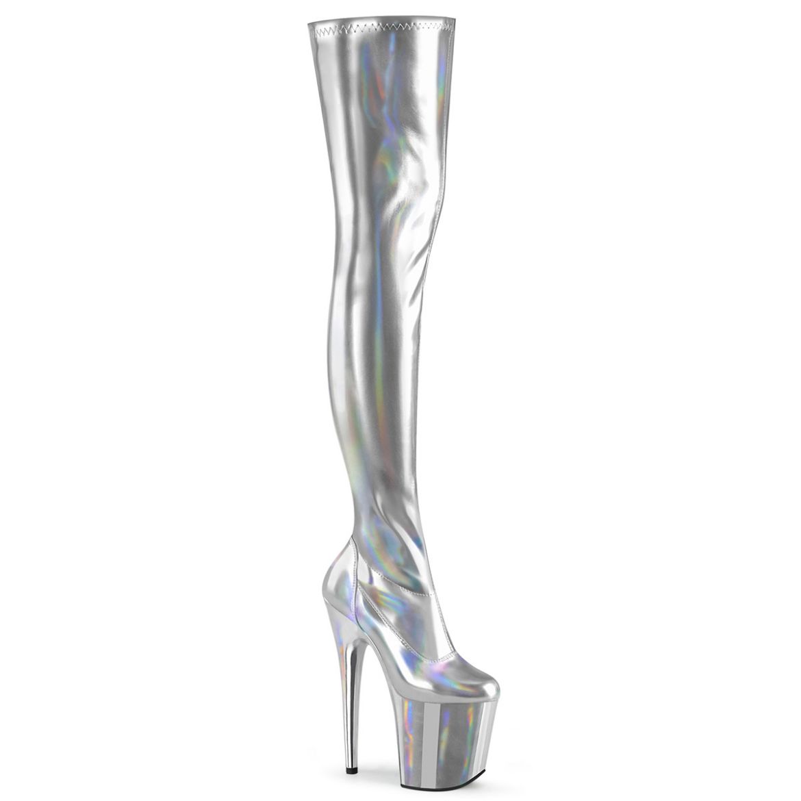 Product image of Pleaser FLAMINGO-3000HWR Slv Str. Holo/Slv Holo 8 Inch Heel 4 Inch PF Stretch Thigh Boot Side Zip