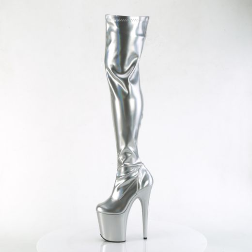 Product image of Pleaser FLAMINGO-3000HWR Slv Str. Holo/Slv Holo 8 Inch Heel 4 Inch PF Stretch Thigh Boot Side Zip