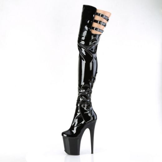 Product image of Pleaser FLAMINGO-3055 Blk Str. Pat/Blk 8 Inch Heel 4 Inch PF Multiple Buckle Thigh Boot Side Zip